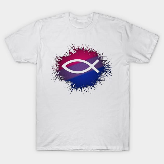 Paint Splatter Bisexual Pride Christian Fish Symbol T-Shirt by LiveLoudGraphics